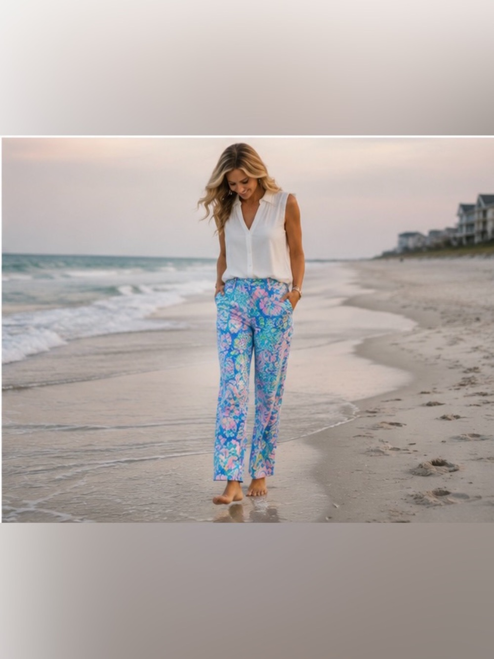 EEUC Lilly Pulitzer Blue Tropical-Print Stretchy Pant SFH - Picture 3 of 6